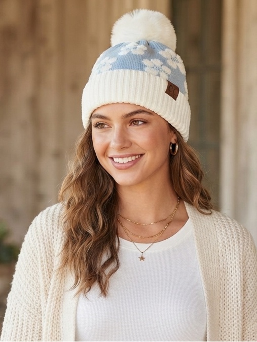 C.C Light Blue Beanie with White Floral Design